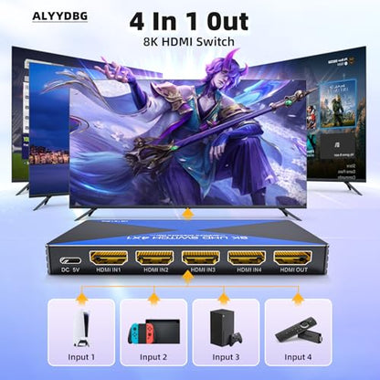 8K@60Hz HDMI Switch 4 in 1 Out. ALYYDBG 4K@120Hz/240Hz HDMI 2.1 Switcher Supports Dynamic HDR10+ HDCP 2.3 CEC, Works with Gaming Consoles TV Box Stick Computer to TV Monitor Projector - size: 4x1