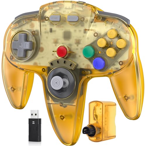 Wireless N64 Controller Made for Switch 1 & 2, N64 Console, (Clear Yellow) | (Built-in Vibration) (Rechargeable) (3D Analog Stick), 2.4 GHz USB & N64 Receiver Made for Switch Online, Windows PC, macOS - color: Transparent Yellow
