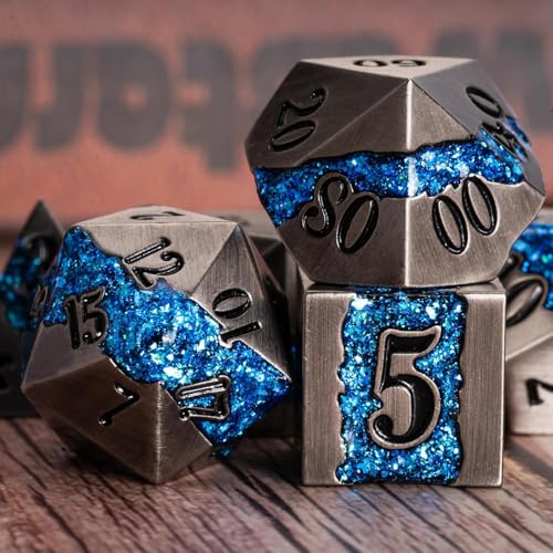 Metal DND Dice Set, 7PCS Polyhedral Metal Dice with Galaxy Glitter Inlay, Heavy RPG Dice Set for Dungeons and Dragons, Pathfinder Tabletop Games - color: Ancient Nickel Brilliant Blue