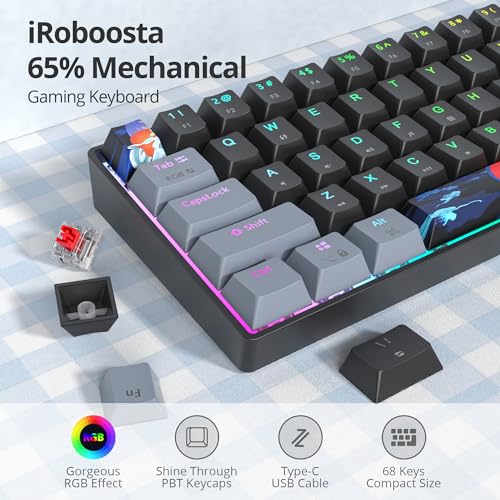 Black and Grey Mechanical Gaming Keyboard 65%, 68 Keys Small Wired RGB Keyboard with PBT Keycaps, Anti-Ghosting for Game/Office - color: 68 Dark/Red Switch