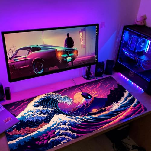 Simpkeely Japanese Sea Wave Mouse Pad, Blacklight Kanagawa Waterproof Gaming Extended Large Desk Pad Long Computer Keyboard Big Mouse Mat with 3mm Non-Slip Rubber Base for Office Home - 31.5" x 11.8" - color: Japanese Sea Wave