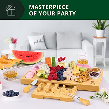 ROYAL CRAFT WOOD Bamboo Cheese Board and Knife Set with Charcuterie Board & Serving Tray with 4 Stainless Steel Knife & Thick Wooden Server with Bowls and Serveware Accessories - style: 1-4 Guests