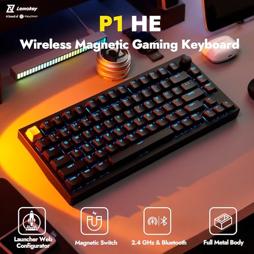 LEMOKEY P1 HE 75% Wireless Custom Mechanical Gaming Keyboard with Gateron Double-Rail Magnetic Switches Knob Version, QMK 2.4 GHz Bluetooth 5.2 RGB Backlight Compatible with Mac Windows Linux-Black - color: Shine-Through-Black