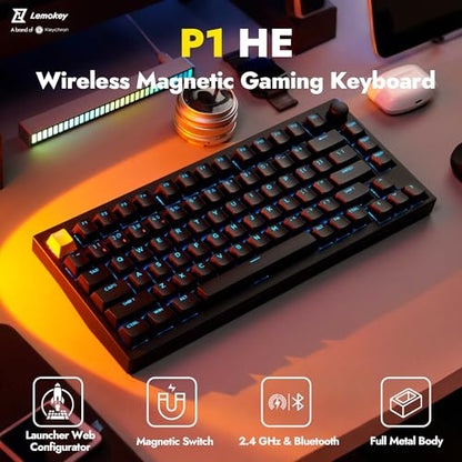 LEMOKEY P1 HE 75% Wireless Custom Mechanical Gaming Keyboard with Gateron Double-Rail Magnetic Switches Knob Version, QMK 2.4 GHz Bluetooth 5.2 RGB Backlight Compatible with Mac Windows Linux-Black - color: Shine-Through-Black