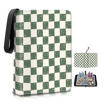 AXUASSILD 4 Pocket Card Binder, Premium Trading Card Holder Fits 400 Cards With 50 Removable Sleeves, Cute Portable Collection Card Ablum Holder Retro Green Plaid - color: Retro Green Plaid