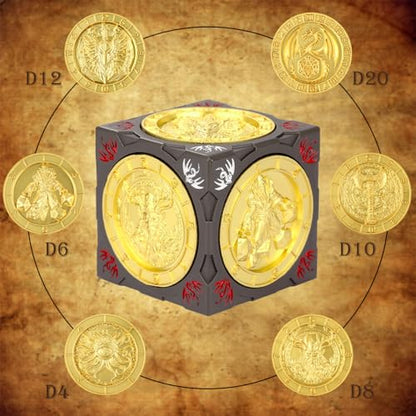 DND Spinner Dice, Polyhedral Rotating Game Dice, D&D Metal Dice | 7-in-1 Metal Dice Set, 3D Relief Design, D&D Gifts, RPG, MTG, Role Playing Board Game Accessories, with Box, Dark Grey & Gold - color: Dark Grey & Gold