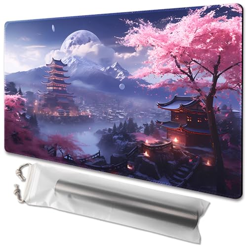 MTG Playmat Size 24x14in Free Storage Bags Non-Slip Backing, Ideal for Card Game Enthusiasts TCG Playmat (Cherry Blossom rain) - color: Cherry Blossom Rain