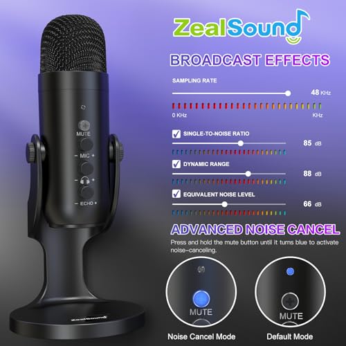 ZealSound Podcast Microphone for PC, Noise Cancellation USB Mic with Gain, Volume Adjustment & Mute Button, Monitoring & Echo, for YouTube, TikTok, Podcasting, Streaming, iPhone, iPad, Android, Mac - color: Black
