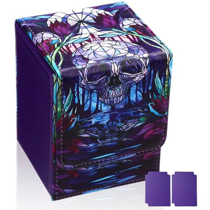 Leather Card Deck Case Compatible with MTG Cards Holds 120+ Trading Cards Strong Magnet Storage Card Box with 2 Dividers Compatible with TCG CCG(Purple,Vertical Skull) - color: Purple, style: Vertical Skull