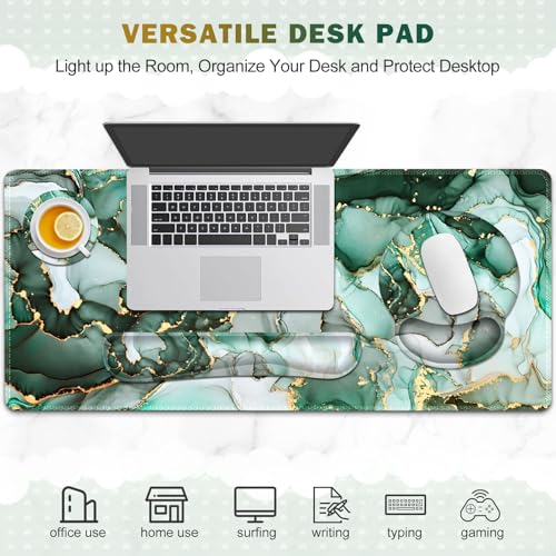 Gaming Mouse Pad, Large Desk Mat, Cute Desk Pad Protector 4in1 XXL Mousepad | Keyboard Wrist Rest+Mouse Wrist Rest+Coaster Set with Ergonomic Desk Pad for Home Office PC Computer, Green Marble - color: Green Marble