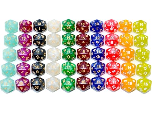 SmartDealsPro 50-Pack D20 20 Sided Dice Polyhedral Dice with Pouch for DND RPG MTG Table Game (D20, Glitter Color) - color: Glitter Color, style: D20