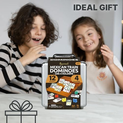 Mexican Train Dominoes Set with 4 Holders - Dominoes Double 12 with Wooden Hub and Tiles Holders - Double 12 Dominos Set for Family Game Night for Adults and Kids Ages 8 and up (D12 + 4 Holders) - style: D12 + 4 Holders