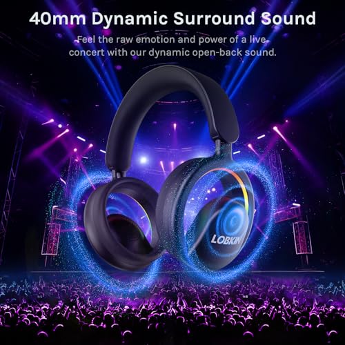 LOBKIN Open Ear Headphones, Bluetooth 6.0 Wireless Headset with Detachable Mic, Adjustable RGB Lights, Voice Assistant Comfortable Breathable Safe Lightweight Over Ear Headphones for Working Gaming