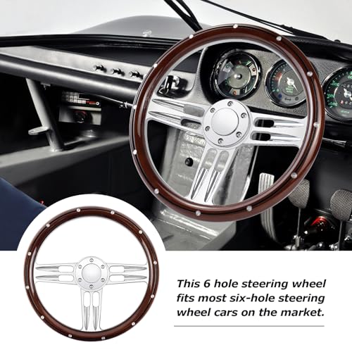 Billet Wooden Racing Steering Wheel, 6 Hole Steering Wheel with Horn Buttons 3 Spoke for Rally/Motorsport/Car Simulator Driving