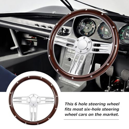 Billet Wooden Racing Steering Wheel, 6 Hole Steering Wheel with Horn Buttons 3 Spoke for Rally/Motorsport/Car Simulator Driving