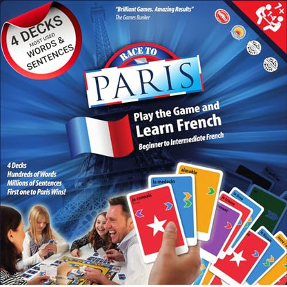 KLOO Learn French Board & Card Game Race to Paris | Fun for Family Kids Adults School | Play & Talk French Language | 4 Decks, Speak 100's of Words & Vocabulary in a Flash | Boardgame, 1–4 Players