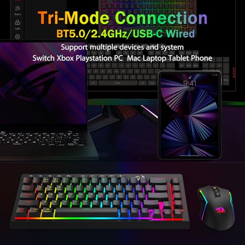 Redragon Wireless Gaming Keyboard, RGB Backlit, Portable 60% Design, Black | Bluetooth/2.4GHz/USB-C Wired, Mini Quiet Macro Membrane Keyboard, Rechargeable 4000mAh Battery, Anti-Ghosting for Win/MAC - color: Black