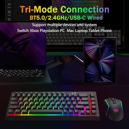 Redragon Wireless Gaming Keyboard, RGB Backlit, Portable 60% Design, Black | Bluetooth/2.4GHz/USB-C Wired, Mini Quiet Macro Membrane Keyboard, Rechargeable 4000mAh Battery, Anti-Ghosting for Win/MAC - color: Black