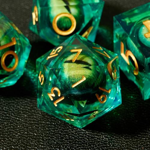 DND Dice Set Polyhedral, Translucent Liquid Core Dice, Resin Dragon Eye Design for Dungeons Dragons D and D TRPG Gaming Dice(Green with Gold Numbers) - color: Resin Dragon Eye