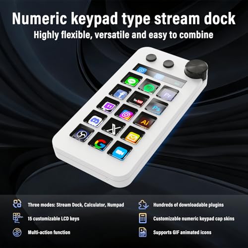 Streaming Deck,Macro pad/Calculator/Numeric Keypad Three Modes | 15 Customizable Macro Keys and LCD Bar,Large Dial,Work Efficiency Device,Compatible with Windows and Mac(N1 White) - color: White