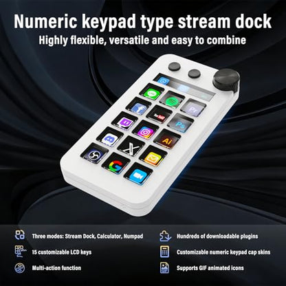 Streaming Deck,Macro pad/Calculator/Numeric Keypad Three Modes | 15 Customizable Macro Keys and LCD Bar,Large Dial,Work Efficiency Device,Compatible with Windows and Mac(N1 White) - color: White