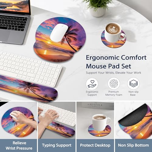 Tropical Palm Keyboard Wrist Rest Pad Ergonomic Mouse Pad Set,Sunset Trees Sea Beach 3 in 1 Memory Foam Mouse Pad with Non Slip Base for Office and Home - color: Tropical Palm Sunset Trees Sea Beach