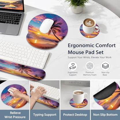 Tropical Palm Keyboard Wrist Rest Pad Ergonomic Mouse Pad Set,Sunset Trees Sea Beach 3 in 1 Memory Foam Mouse Pad with Non Slip Base for Office and Home - color: Tropical Palm Sunset Trees Sea Beach