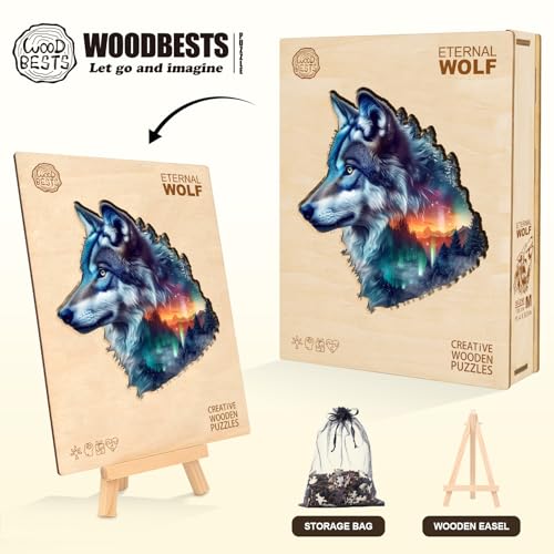 Wooden Puzzles for Adults, Aurora Wolf Jigsaw Puzzles, 190 Piece Unique Shaped Puzzle, Animal Shape Puzzle, Gifts for Adults/Friends/Family, Family Game，Wall Decor(13.4 * 12.9in) - size: Large
