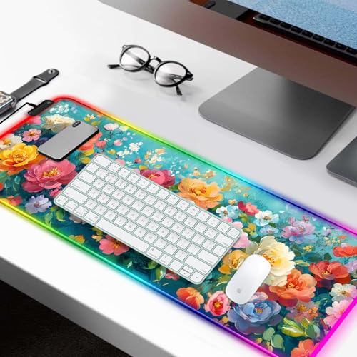 RGB Colorful Flower Peony Gaming Desk Mat, Computer Keyboard Large Extended Long Floral LED Mouse Pad for Office and Home, XL (W28) - color: Rgb-w28