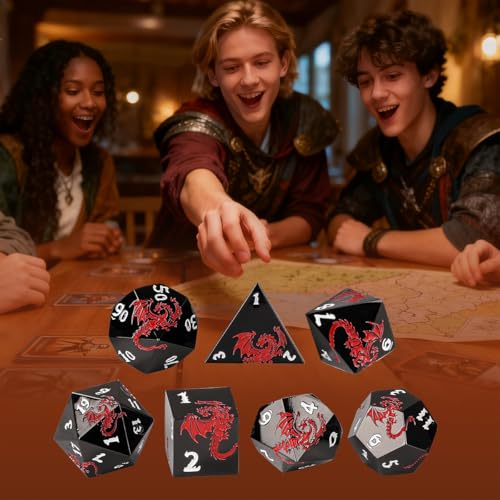 Metal Dice Set, Flat Face Black Red Dragon Pattern, 7pcs Polyhedral Metal DND Dice Set, DND Starter Set, D&D Gifts with Gift Box, Role Playing Board Games Accessories, Black - color: Black+red