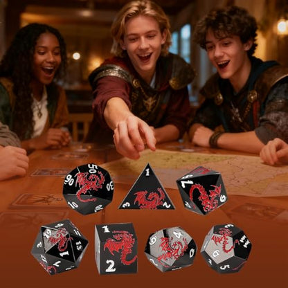 Metal Dice Set, Flat Face Black Red Dragon Pattern, 7pcs Polyhedral Metal DND Dice Set, DND Starter Set, D&D Gifts with Gift Box, Role Playing Board Games Accessories, Black - color: Black+red