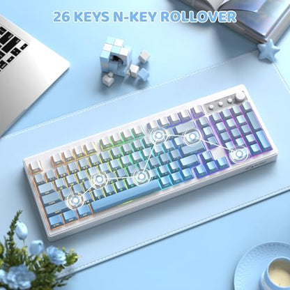 FREEWOLF K100 99 Keys Gaming Membrane Wireless Keyboard with Media Knob,Tri-Mode BT/2.4GHz/USB-C,Side Printed Keys RGB Backlit Retro Cute Creamy Silent Computer Keyboard for MAC PC- Gradient Blue - color: Gradient Blue