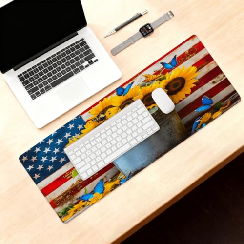 Sunflower American Flag Butterfly Gaming Mouse Pad, with Stitched Edges, Rubber Base Keyboard and Mouse pad Desk Mat Non-Slip Waterproof Protector Writing Pad for Work Game Office Home 11.8x31.5in - color: B 007, size: Large