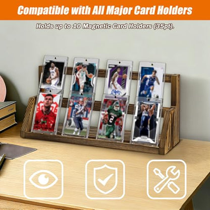 2-Tier Wooden Trading Card Display Stand - Brown Display Case for Graded Sports Cards, Baseball & Basketball Card Collection Showcase(WD4017) - color: Brown 2-Tier