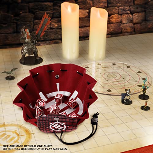 ENHANCE DND Metal Dice Set - 7pc Polyhedral Dice with 2-in-1 Vegan Leather Bag and Tray, Solid Metal Set for Dungeons and Dragons, Pathfinder, More RPGs (Collector's Edition Red) - color: Dragon Red