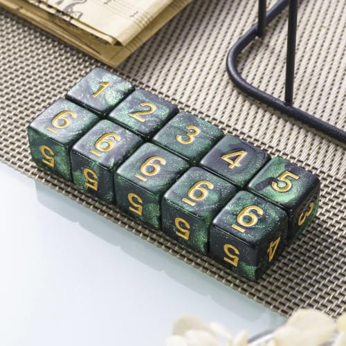 10 Pieces Polyhedral Dice Set D6 Dice 16mm Acrylic 6 Sided Dice Game Dice for Dungeons and Dragons RPG MTG DND Dice Table Games (Starry Green Black) - color: Starry Green Black