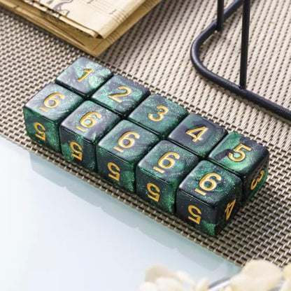 10 Pieces Polyhedral Dice Set D6 Dice 16mm Acrylic 6 Sided Dice Game Dice for Dungeons and Dragons RPG MTG DND Dice Table Games (Starry Green Black) - color: Starry Green Black