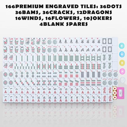 American Mahjong Set, 166 Premium Scratch-Resistant Tiles, Metal Dice | 4 Upgraded Rack Pushers, Portable Soft Carry Case, Complete Traditional Mah Jongg Game Set for Party, Travel & Gift