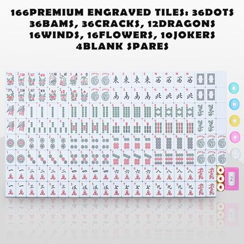 American Mahjong Tile Set, Mah Jong Set Complete with Pink Flower Bag, 166 White Tiles with Golden Dices for Travel, 4 All-in-One Mahjong Racks with Pushers (Pink) - color: Pink