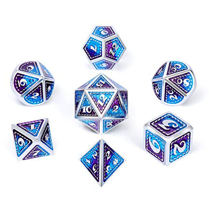 Dragon Scale Metal Dice Set D&D, DNDND 7 PCS Metallic Dungeons and Dragons with Gift Metal Case DND Dice (Blue and Purple with Silver Edge) - color: Blue and Purple With Silver Edge