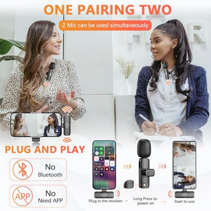 Wireless Microphone for iPhone, Android Phone, Laptop, 2 Pack Lavalier Microphone for Video Recording, Mini Mics with Noise Reduction for Podcast YouTube TikTok Vlog