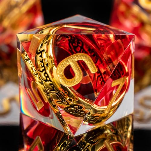 OUKELANWO Magic Lord Rings DND Dice Set with Box, 7Pcs Resin LOTR D&D Dice Set for Role Playing Game, Red Gold Dungeons Dragons D and D Sharp Edge Dice D20 D12 D10 D8 D6 D4 - color: Red