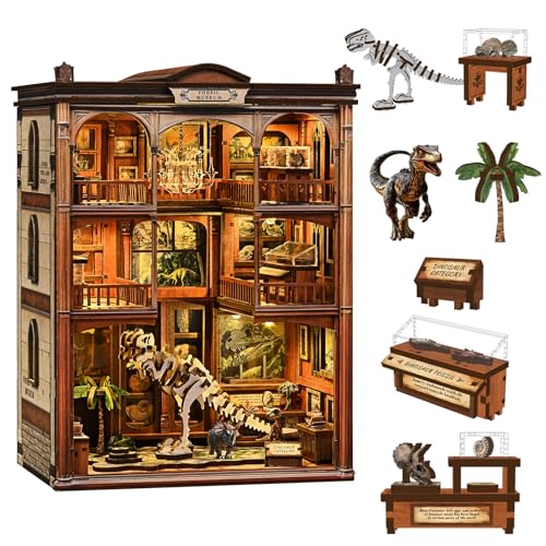 2026 Dinosaur Book-Nook Kits LED 3D Wooden Dino Library Puzzles Fossil Museum Themed Gift for Adults&Teen Kids DIY Miniature House Diorama- Bookshelf Room Decor with LED Softer Light, Bday Present