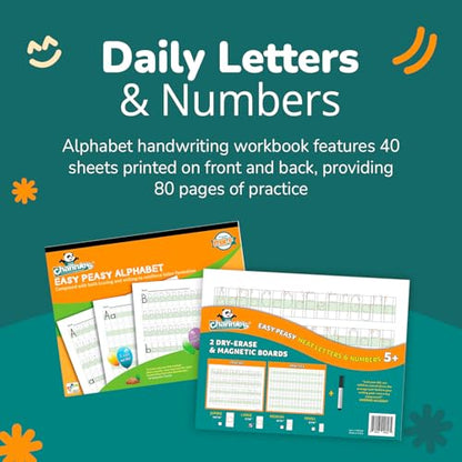 Channie’s Easy Peasy Alphabet Handwriting Workbook + 2 Easy Peasy Dry-Erase Neat Numbers & Letters Tracing Magnetic Boards for Pre-K - 1st Grade, Homeschool Learning & Summer School Teaching Supplies - style: Easy Peasy Alphabet Handwriting Pre-K - 1st Gr