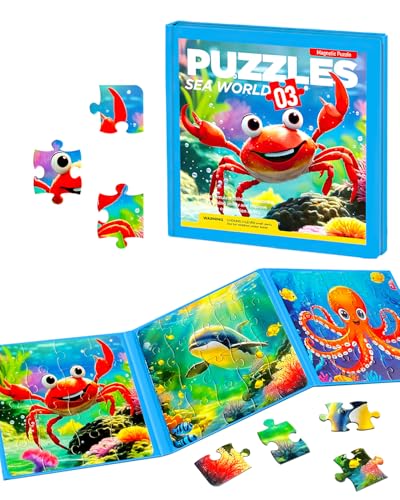 Magnetic Puzzles for Kids 4-6, Children Travel Puzzle Book Activity Toys Games for 3 4 5 6 Years Old Kids Boys Girls in Car Airplane, Learning Magnet for Road Trip (Crab) - style: Ocean Crab(16+20+25)