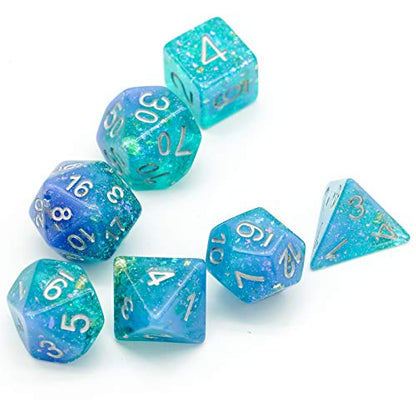 Blue DND Dice Set Glitter Polyhedral Dice Set D&D for Tabletop Games | Leather Storage Bag, DM Gift, for Dungeons and Dragons Role Playing Games - color: Glitter Blue/Green