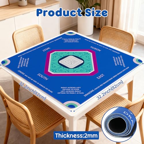Elstey Mahjong Mat, Non-Slip Neoprene Mahjong Table Cover with Game Rules & Carrying Bag, Noise Reduction Square Board Game Mat for Poker, Dominoes, Tile Games, 32.2x32.2 Inch, (Minimalist Style) - color: Blue