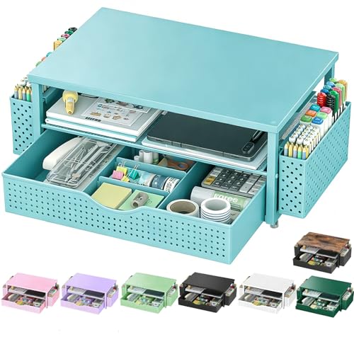Spacrea Desk Organizer and Accessories, Computer Monitor Stand Riser with Drawer and 2 Pen Holders, Office Desk Accessories & Workspace Organizers for Office Supplies (Blue) - color: Blue