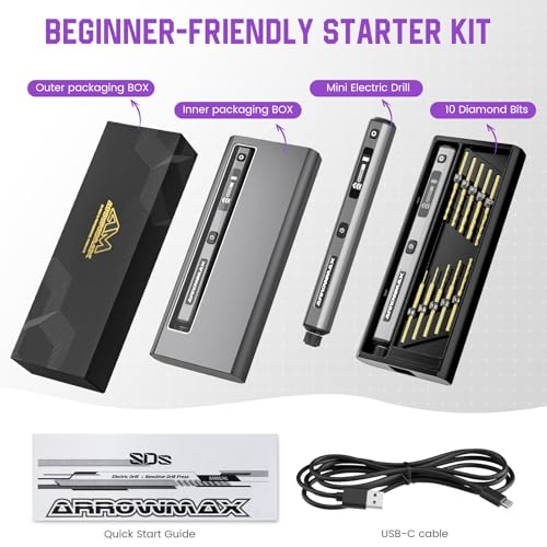 AM ARROWMAX Mini Drill Pen, 5-Speed, LED Lights, OLED Display, Aluminium Box, Resin Drill Set With 10 Small Bits, 3/32-Inch Shank, For Jewelry Making, Wood, Plastic,(SDS) - style: SDS