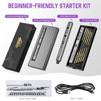 AM ARROWMAX Mini Drill Pen, 5-Speed, LED Lights, OLED Display, Aluminium Box, Resin Drill Set With 10 Small Bits, 3/32-Inch Shank, For Jewelry Making, Wood, Plastic,(SDS) - style: SDS